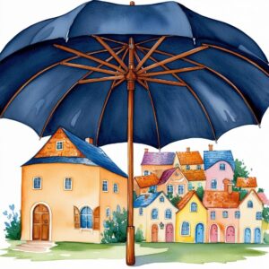 A blue umbrella covering a large house on one half, and a group of houses on the other.